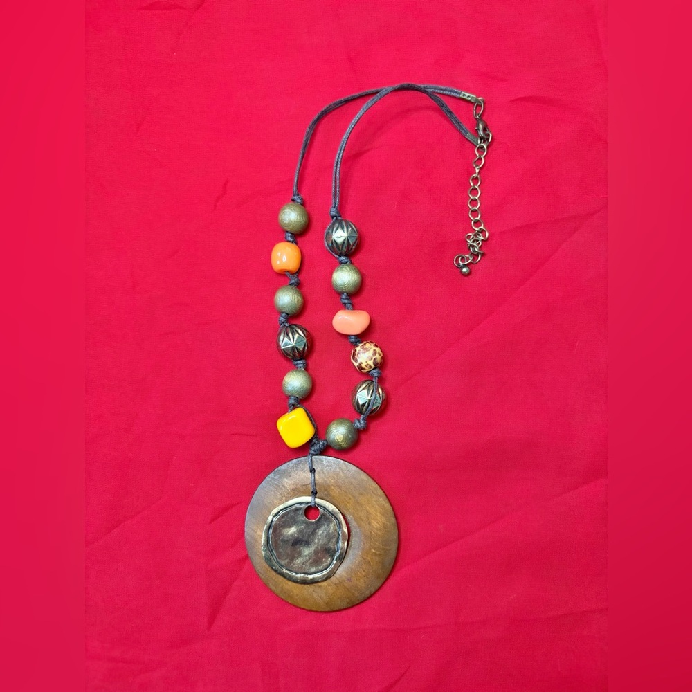 Boho wood pendant, copper and bead necklace